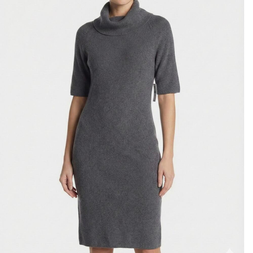 Liz Claiborne Zip Neck Short Sleeve Dress Charcoal Gray NEW NWT Cotton Poly